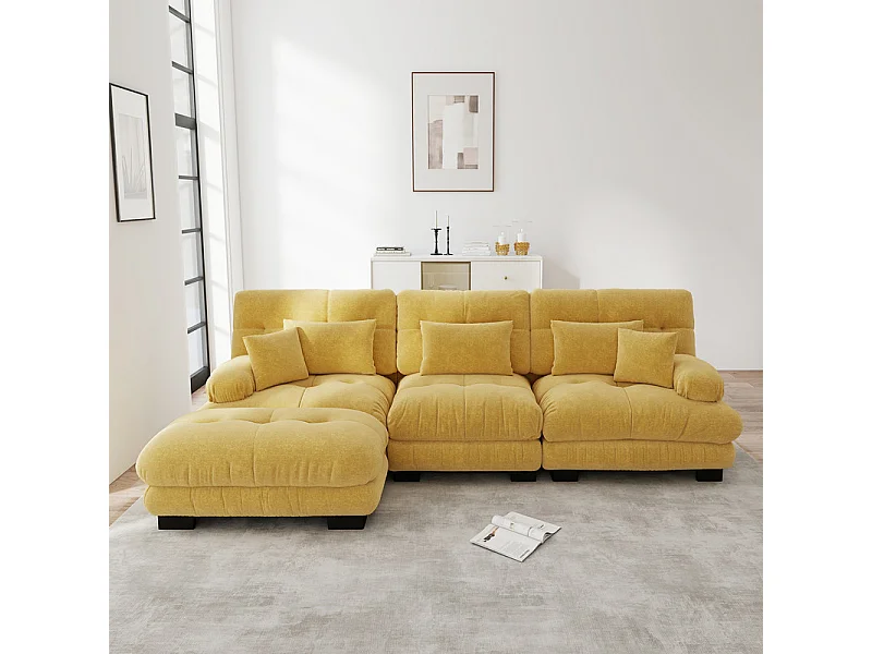 Canapé 3 places d'angle, avec pouf, structure en bois massif et revêtement en chenille, 313x145x81cm, Jaune