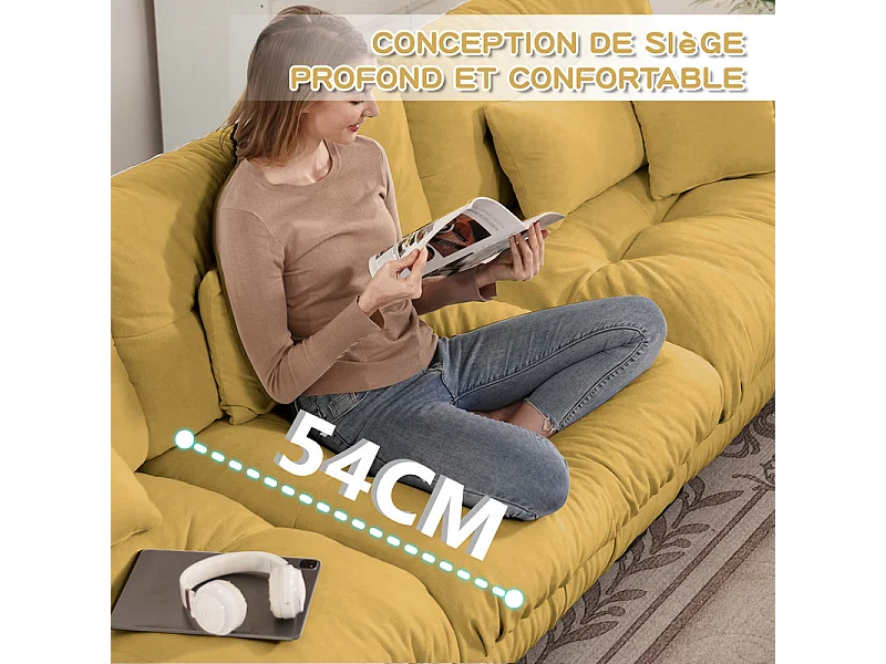 Canapé 3 places d'angle, avec pouf, structure en bois massif et revêtement en chenille, 313x145x81cm, Jaune