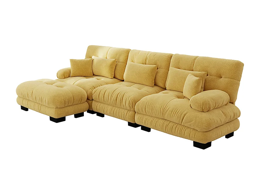 3-zits hoekbank, met poef, massief houten structuur en chenille bekleding, 313x145x81cm, Geel