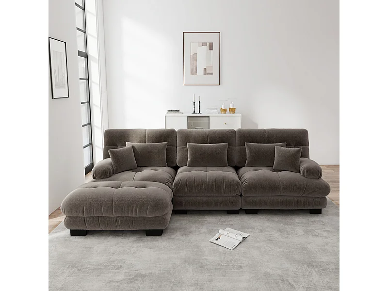 Canapé 3 places d'angle, avec pouf, structure en bois massif et revêtement en chenille, 313x145x81cm, Marron