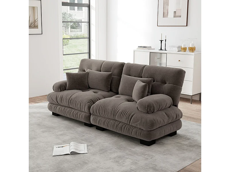 Canapé 2 places en tissu chenille, avec cossins et oreillers, 220x77x81cm, Marron