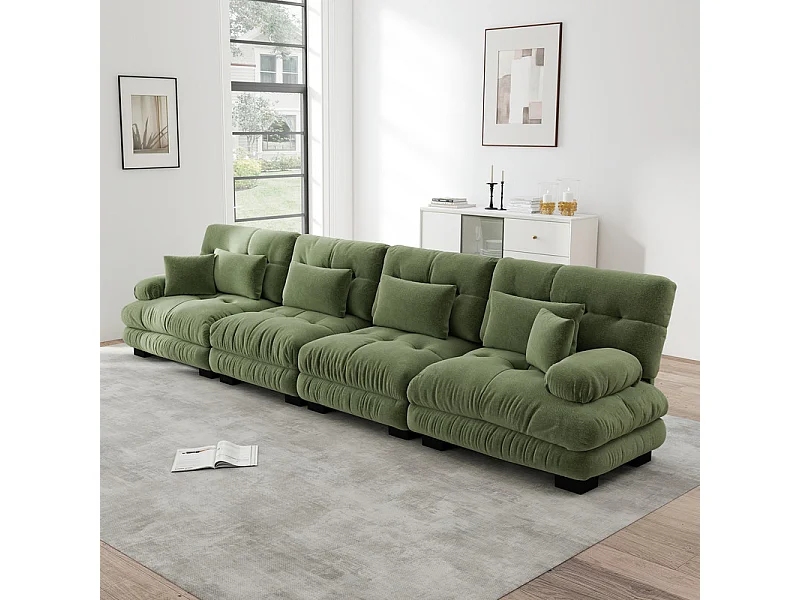 Canapé 4 places en tissu chenille, avec cossins et oreillers, 406x77x81cm, Vert