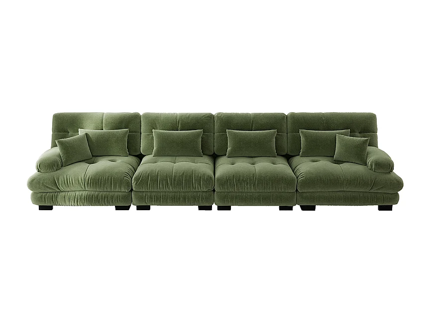 4-zits bank van chenillestof, met kussens en sierkussens, 406x77x81cm, Groen