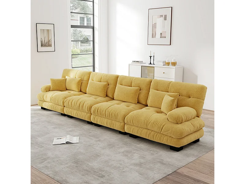 Canapé 4 places en tissu chenille, avec cossins et oreillers, 406x77x81cm, Jaune