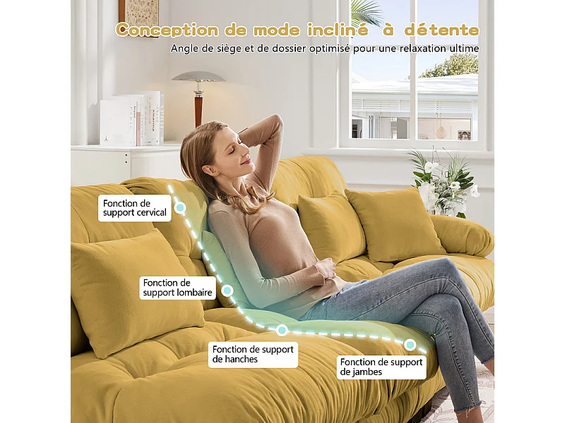 Canapé 4 places en tissu chenille, avec cossins et oreillers, 406x77x81cm, Jaune