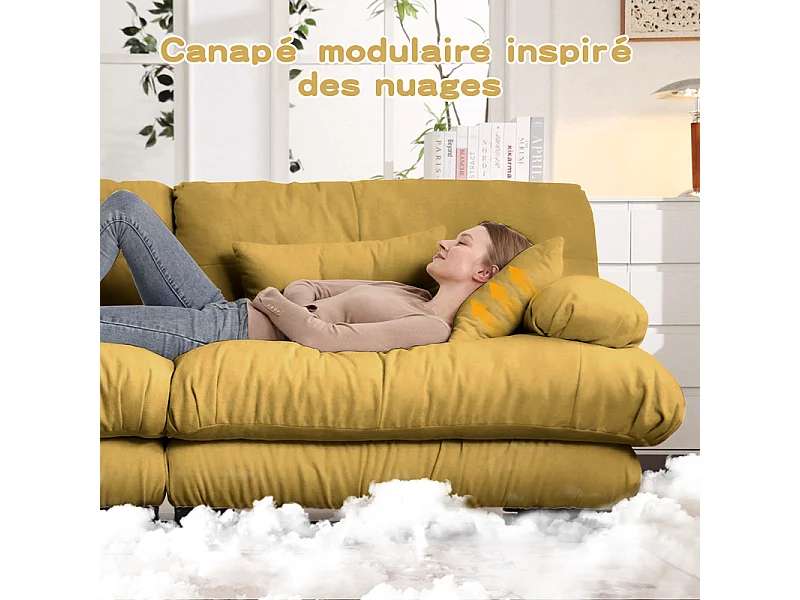 Canapé 4 places en tissu chenille, avec cossins et oreillers, 406x77x81cm, Jaune