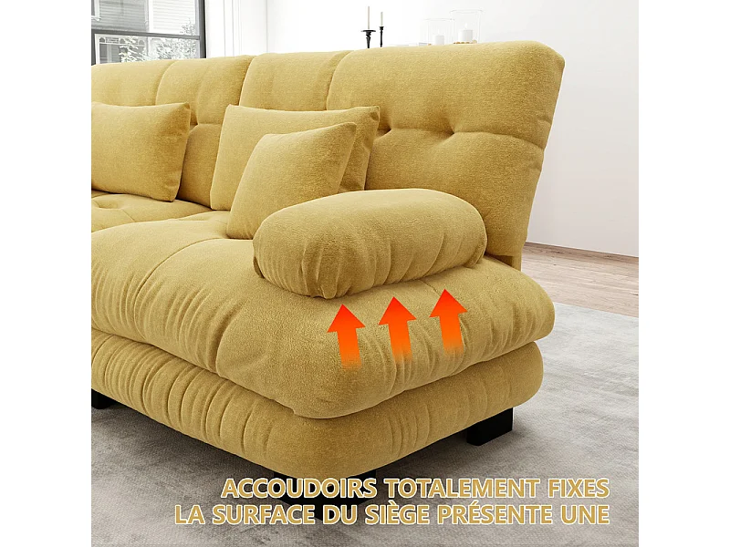 Canapé 4 places en tissu chenille, avec cossins et oreillers, 406x77x81cm, Jaune