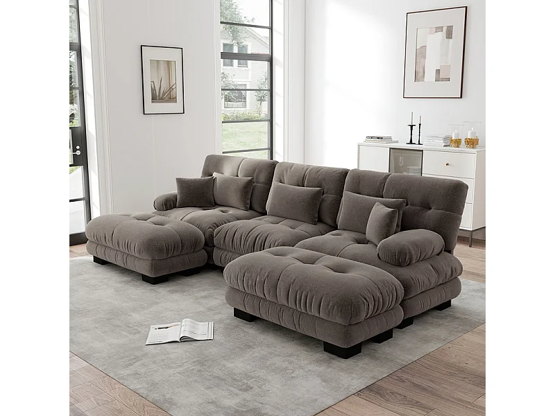 Canapé 3 places d'angle  en U de 313 cm, avec 2 poufs, en tissu chenille, Marron