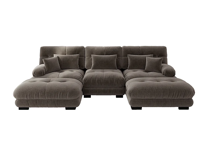 3-zits U-vormige hoekbank van 313 cm, met 2 poefs, van chenillestof, Bruin