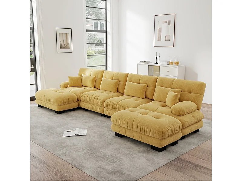 Canapé d'angle symétrique en tissu chenille, 4 places, avec 2 poufs, 406x145x81cm, Jaune