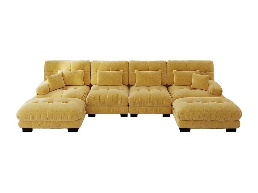Symmetrische hoekbank van chenillestof, 4-zits, met 2 poefs, 406x145x81cm, Geel