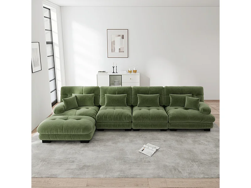 Canapé 4 places d'angle en tissu chenille, forme en L, avec pouf, 406x145x81cm, Vert