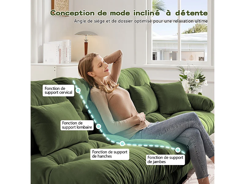 Canapé 4 places d'angle en tissu chenille, forme en L, avec pouf, 406x145x81cm, Vert