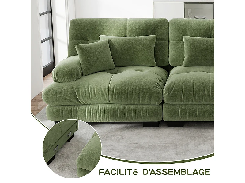 Canapé 4 places d'angle en tissu chenille, forme en L, avec pouf, 406x145x81cm, Vert