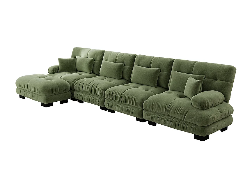 4-zits L-vormige hoekbank van chenillestof, met poef, 406x145x81cm, Groen