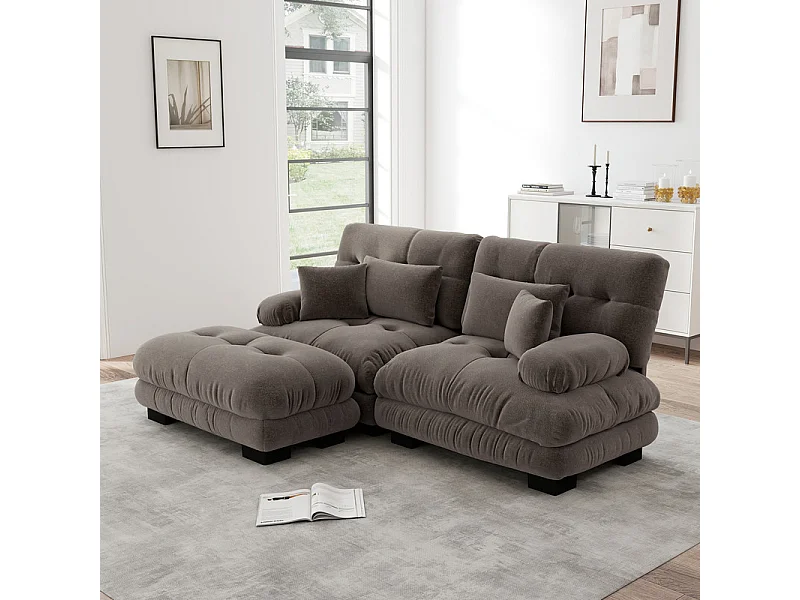 Canapé 2 places d'angle, avec pouf, structure en bois massif et revêtement en chenille, 220x145x81cm, Marron