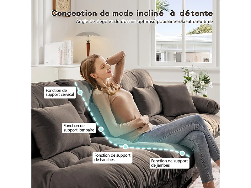 Canapé 2 places d'angle, avec pouf, structure en bois massif et revêtement en chenille, 220x145x81cm, Marron