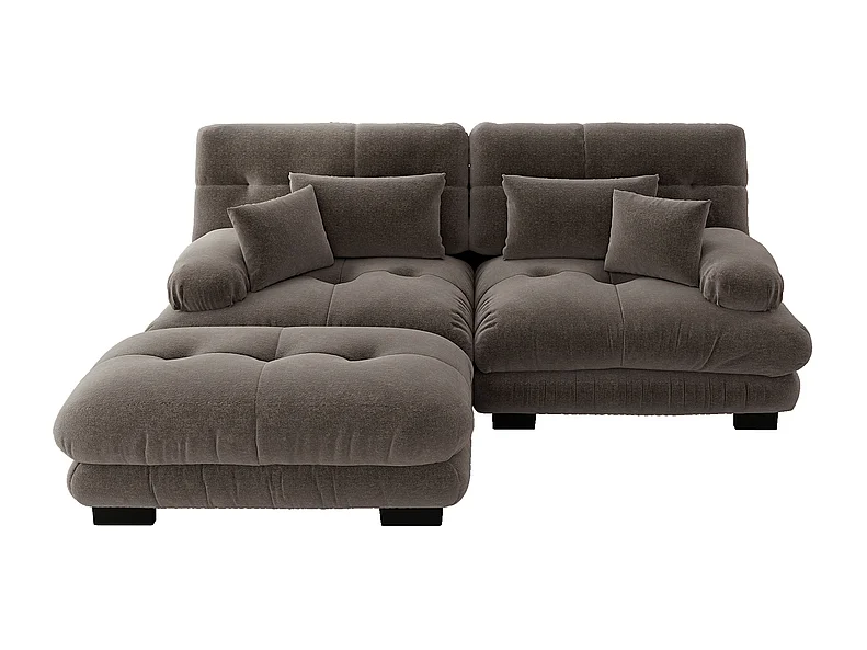 2-zits hoekbank, met poef, massief houten structuur en chenille bekleding, 220x145x81cm, Bruin