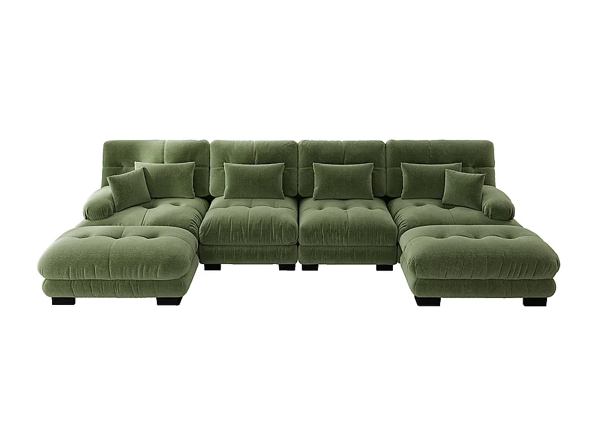 Symmetrische hoekbank van chenillestof, 4-zits, met 2 poefs, 406x145x81cm, Groen