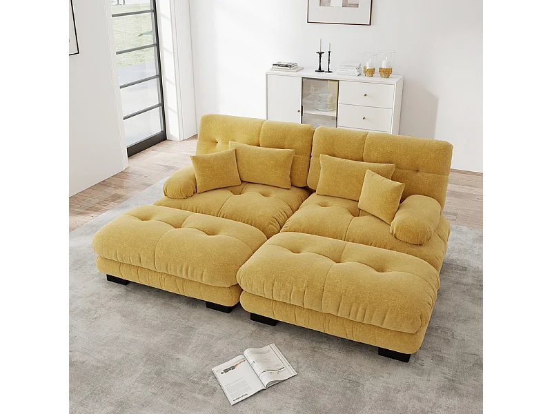 Canapé 2 places d'angle avec 2 poufs, en tissu chenille, 220x145x81cm, Jaune