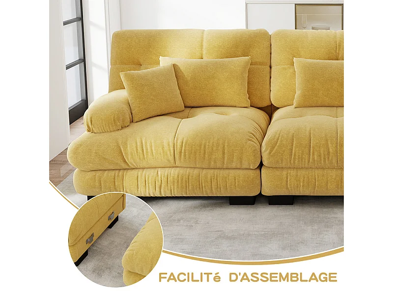 Canapé 2 places d'angle avec 2 poufs, en tissu chenille, 220x145x81cm, Jaune