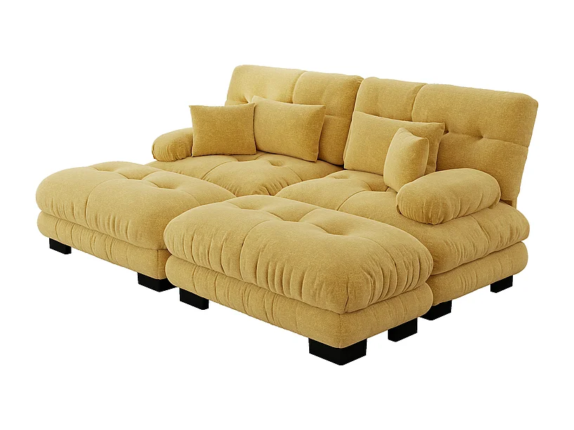 2-zits hoekbank met 2 poefs, van chenillestof, 220x145x81cm, Geel