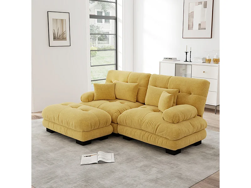 Canapé 2 places d'angle, avec pouf, structure en bois massif et revêtement en chenille, 220x145x81cm, Jaune