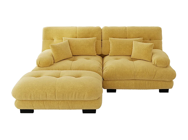 2-zits hoekbank, met poef, massief houten structuur en chenille bekleding, 220x145x81cm, Geel