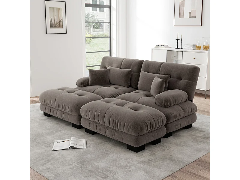 Canapé 2 places d'angle avec 2 poufs, en tissu chenille, 220x145x81cm, Marron