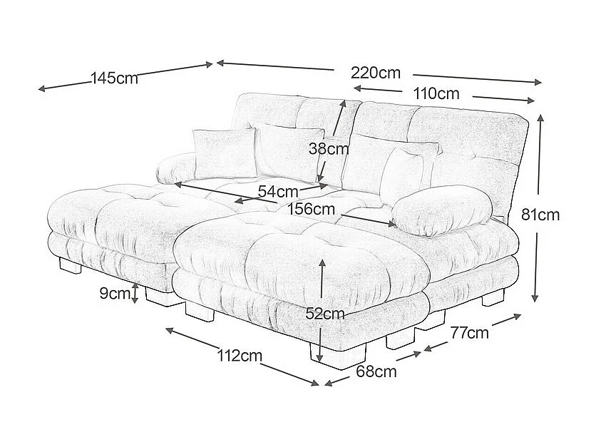 Canapé 2 places d'angle avec 2 poufs, en tissu chenille, 220x145x81cm, Marron