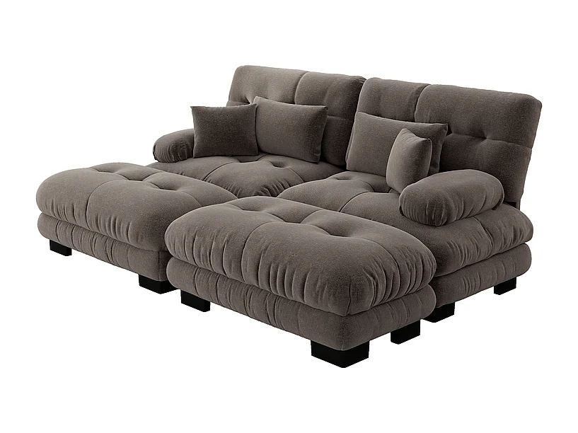 2-zits hoekbank met 2 poefs, van chenillestof, 220x145x81cm, Bruin