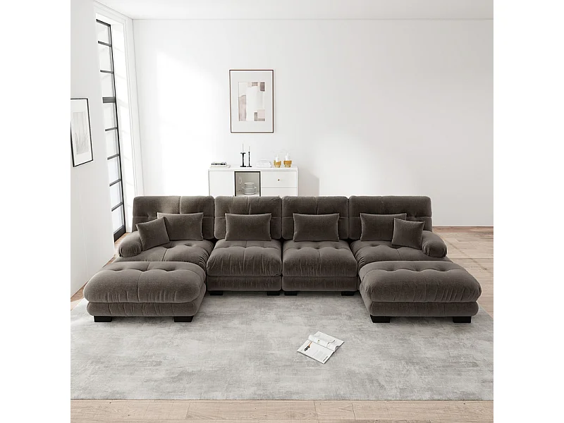 Canapé d'angle symétrique en tissu chenille, 4 places, avec 2 poufs, 406x145x81cm, Marron