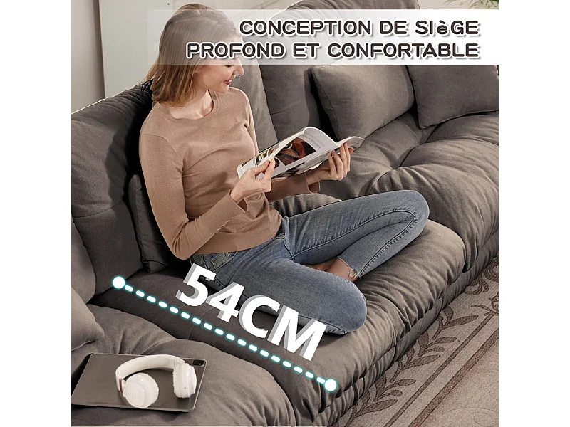 Canapé d'angle symétrique en tissu chenille, 4 places, avec 2 poufs, 406x145x81cm, Marron