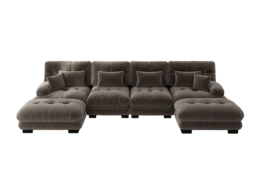 Symmetrische hoekbank van chenillestof, 4-zits, met 2 poefs, 406x145x81cm, Bruin