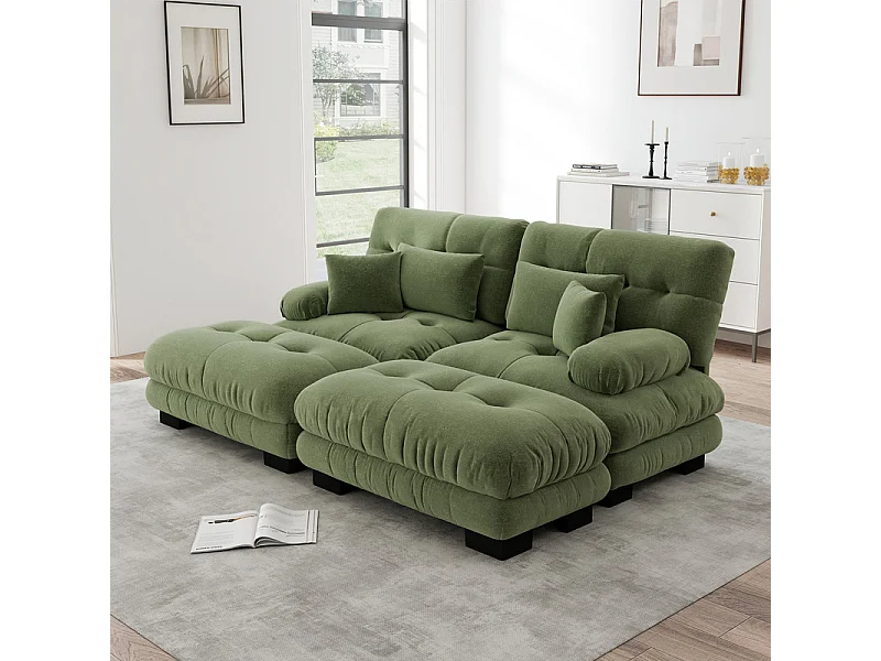 Canapé 2 places d'angle avec 2 poufs, en tissu chenille, 220x145x81cm, Vert