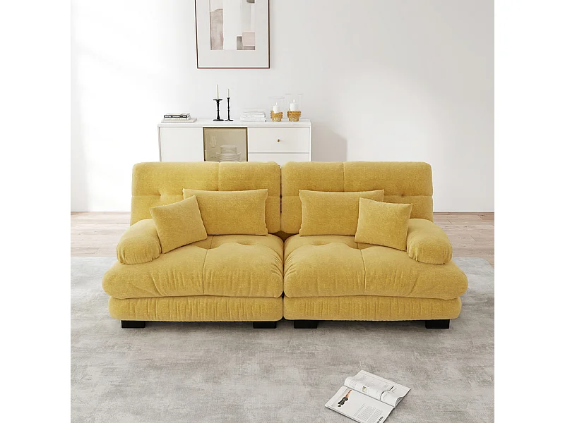 Canapé 2 places en tissu chenille, avec cossins et oreillers, 220x77x81cm, Jaune