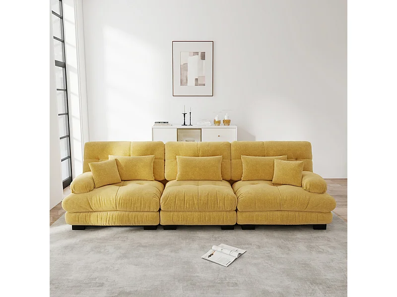 Canapé 3 places en tissu chenille, avec cossins et oreillers, 313x77x81cm, Jaune