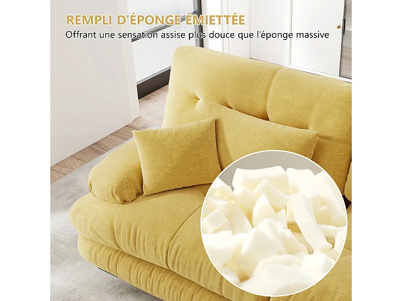 Canapé 3 places en tissu chenille, avec cossins et oreillers, 313x77x81cm, Jaune