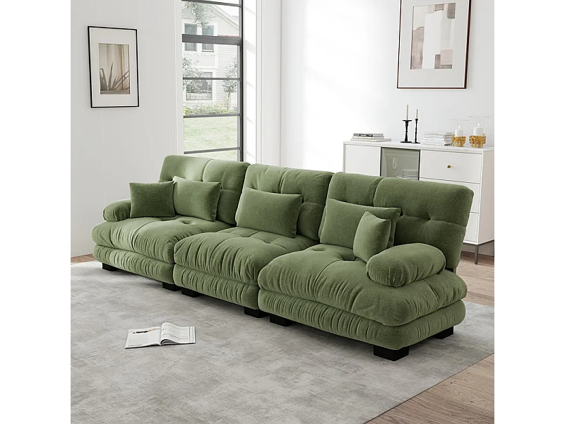 Canapé 3 places en tissu chenille, avec cossins et oreillers, 313x77x81cm, Vert