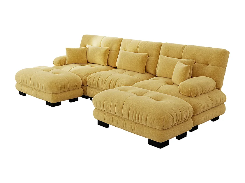 3-zits U-vormige hoekbank van 313 cm, met 2 poefs, van chenillestof, Geel