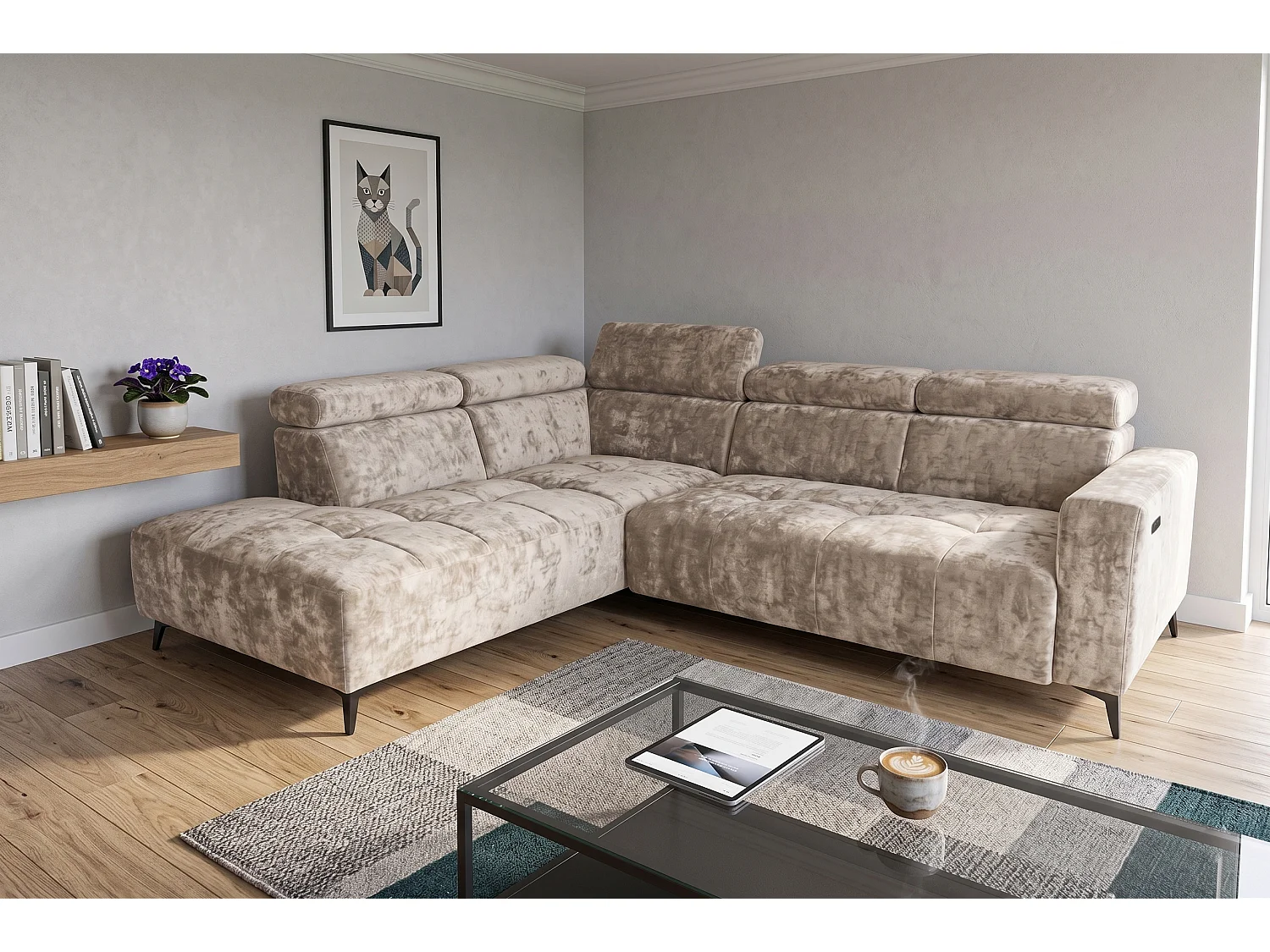 Canapé d’angle Velvet confort profond – effet nuage (cloud sofa) – tissu premium – salon moderne