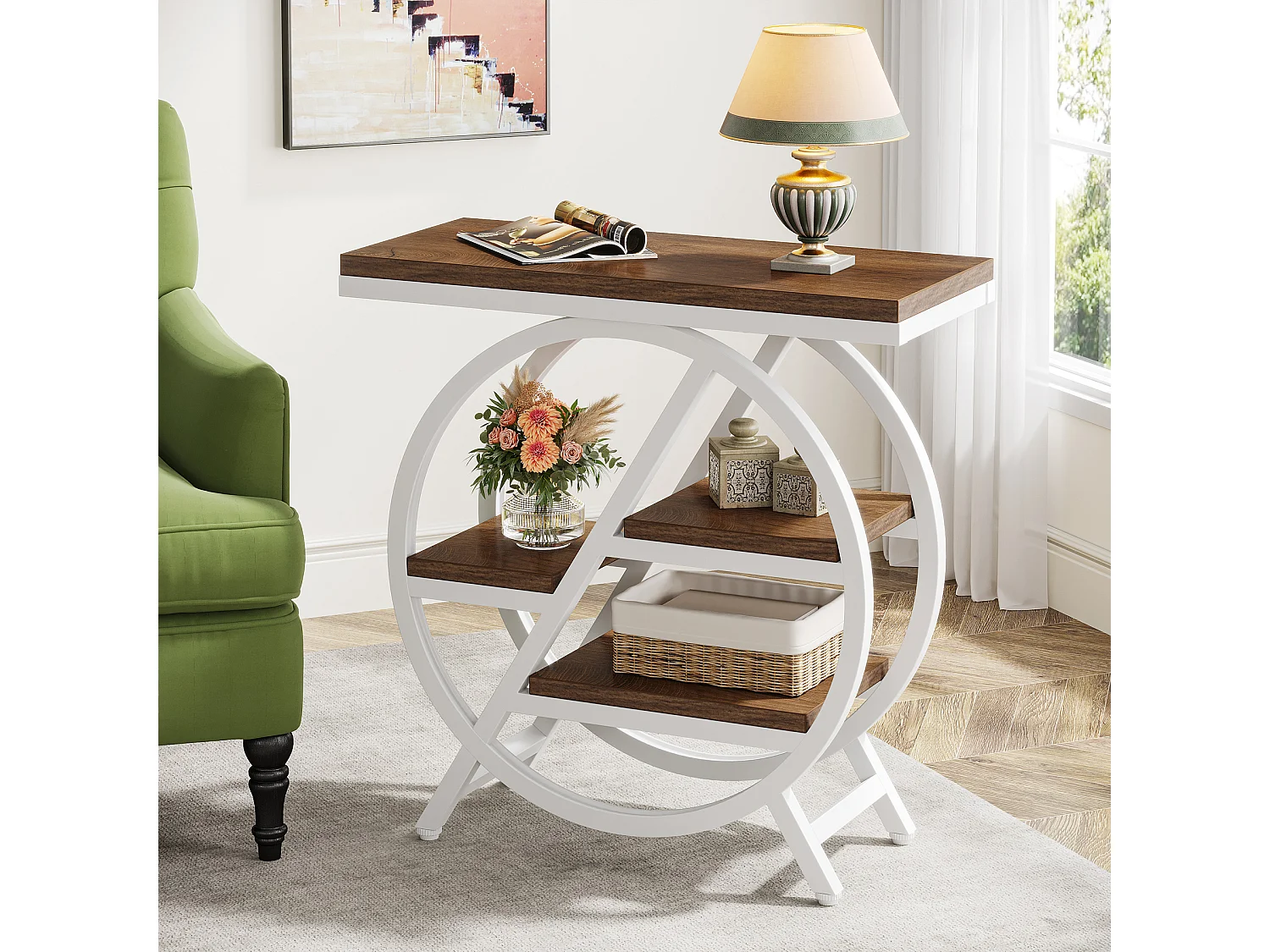 Table d'appoint pour salon, table d'appoint étroite à 3 niveaux avec rangement, marron clair et blanc