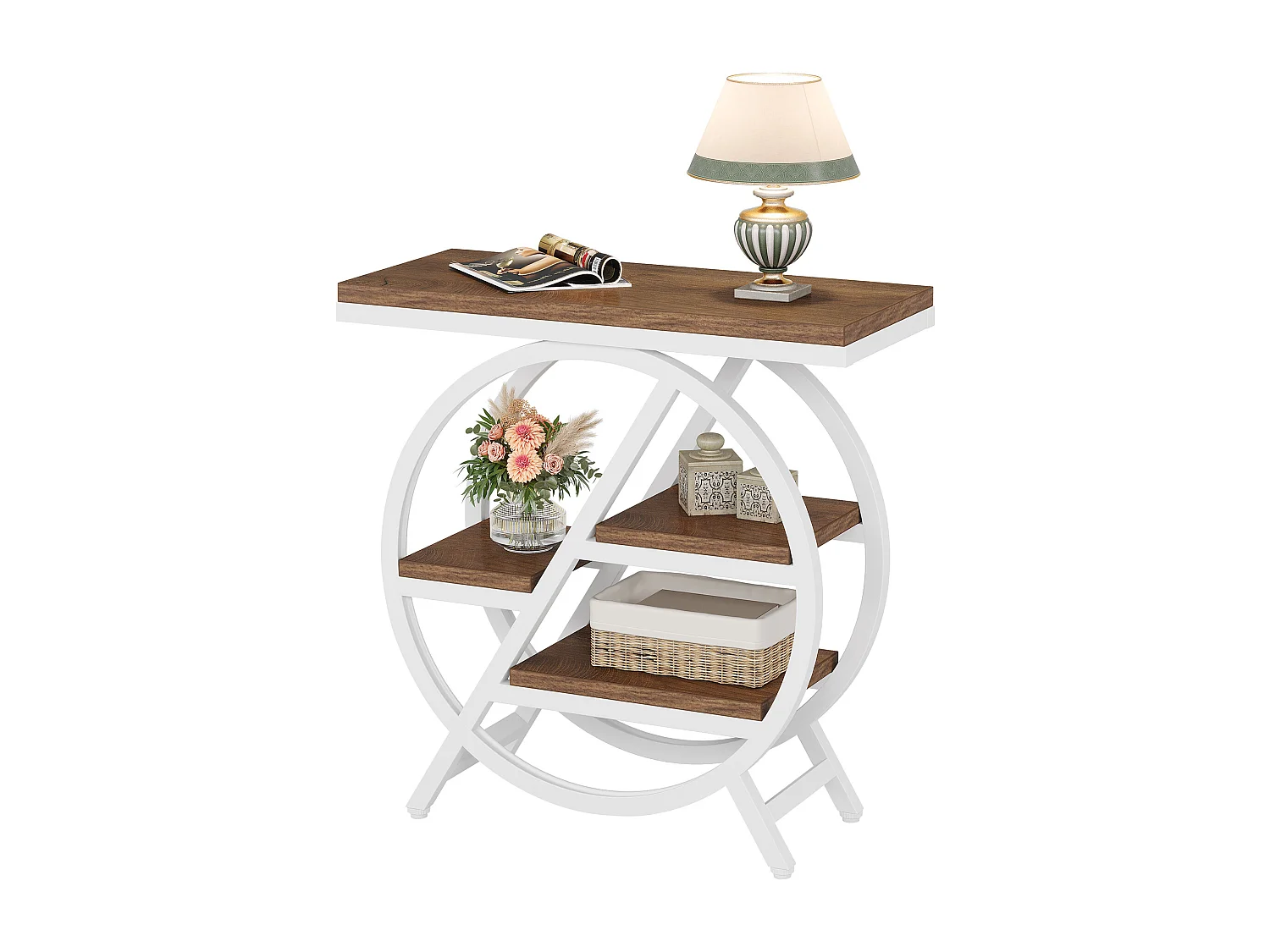 Table d'appoint pour salon, table d'appoint étroite à 3 niveaux avec rangement, marron clair et blanc
