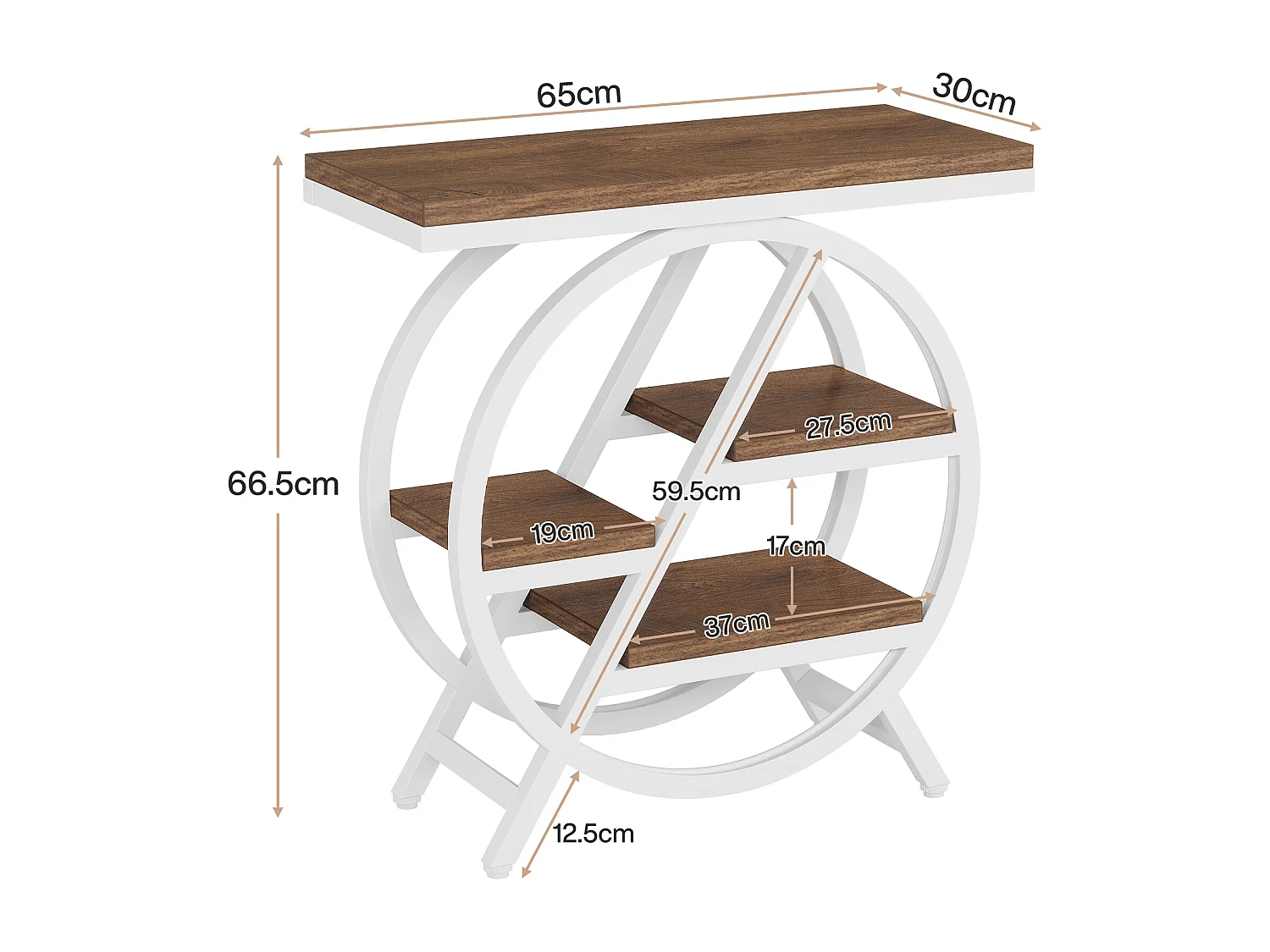 Table d'appoint pour salon, table d'appoint étroite à 3 niveaux avec rangement, marron clair et blanc