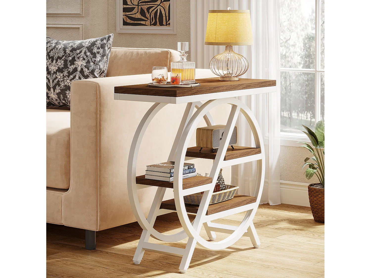Table d'appoint pour salon, table d'appoint étroite à 3 niveaux avec rangement, marron clair et blanc