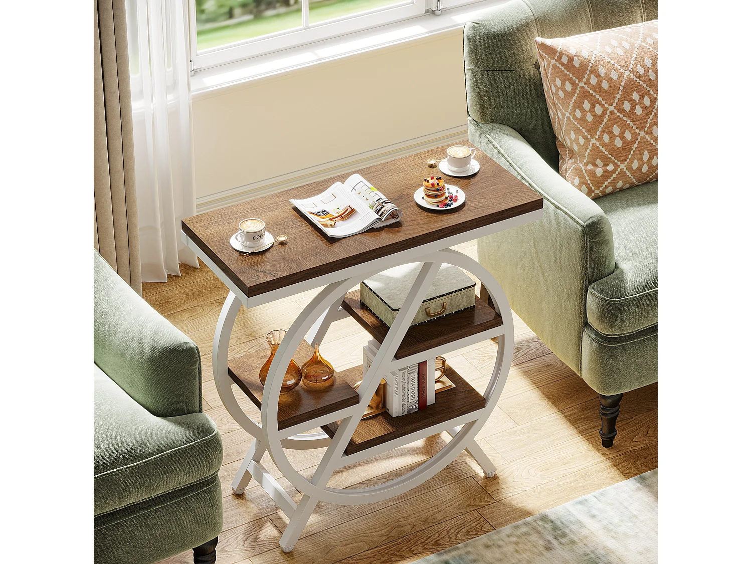 Table d'appoint pour salon, table d'appoint étroite à 3 niveaux avec rangement, marron clair et blanc