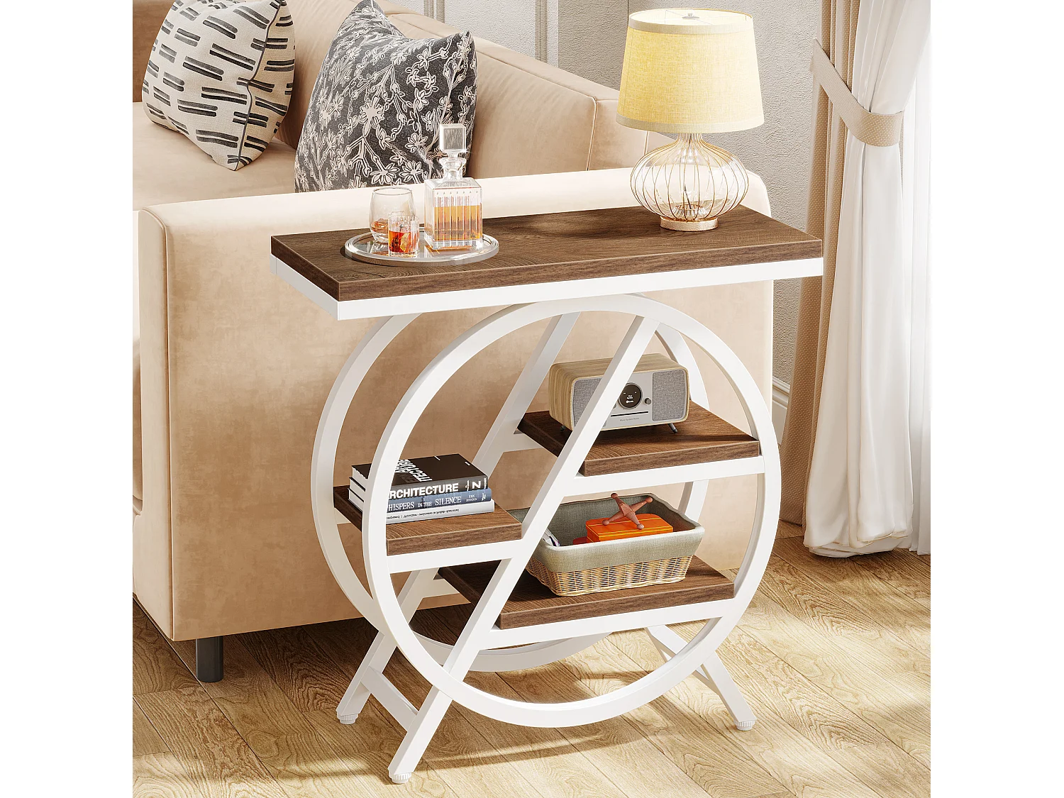 Table d'appoint pour salon, table d'appoint étroite à 3 niveaux avec rangement, marron clair et blanc
