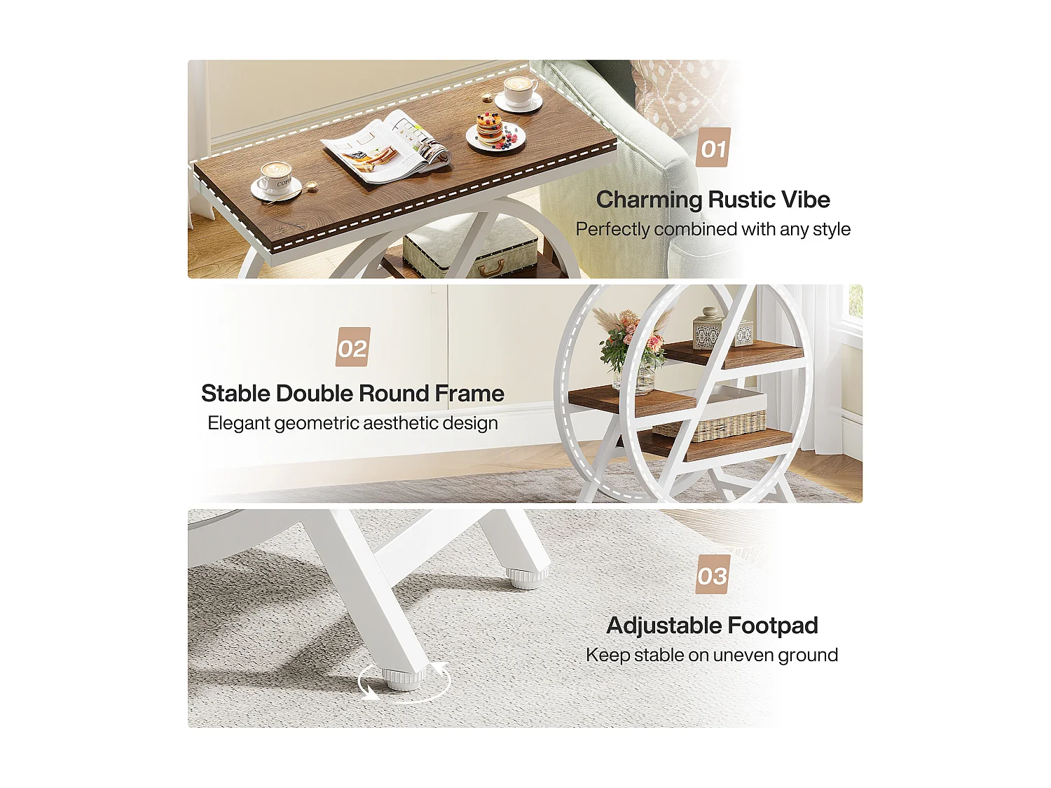 Table d'appoint pour salon, table d'appoint étroite à 3 niveaux avec rangement, marron clair et blanc