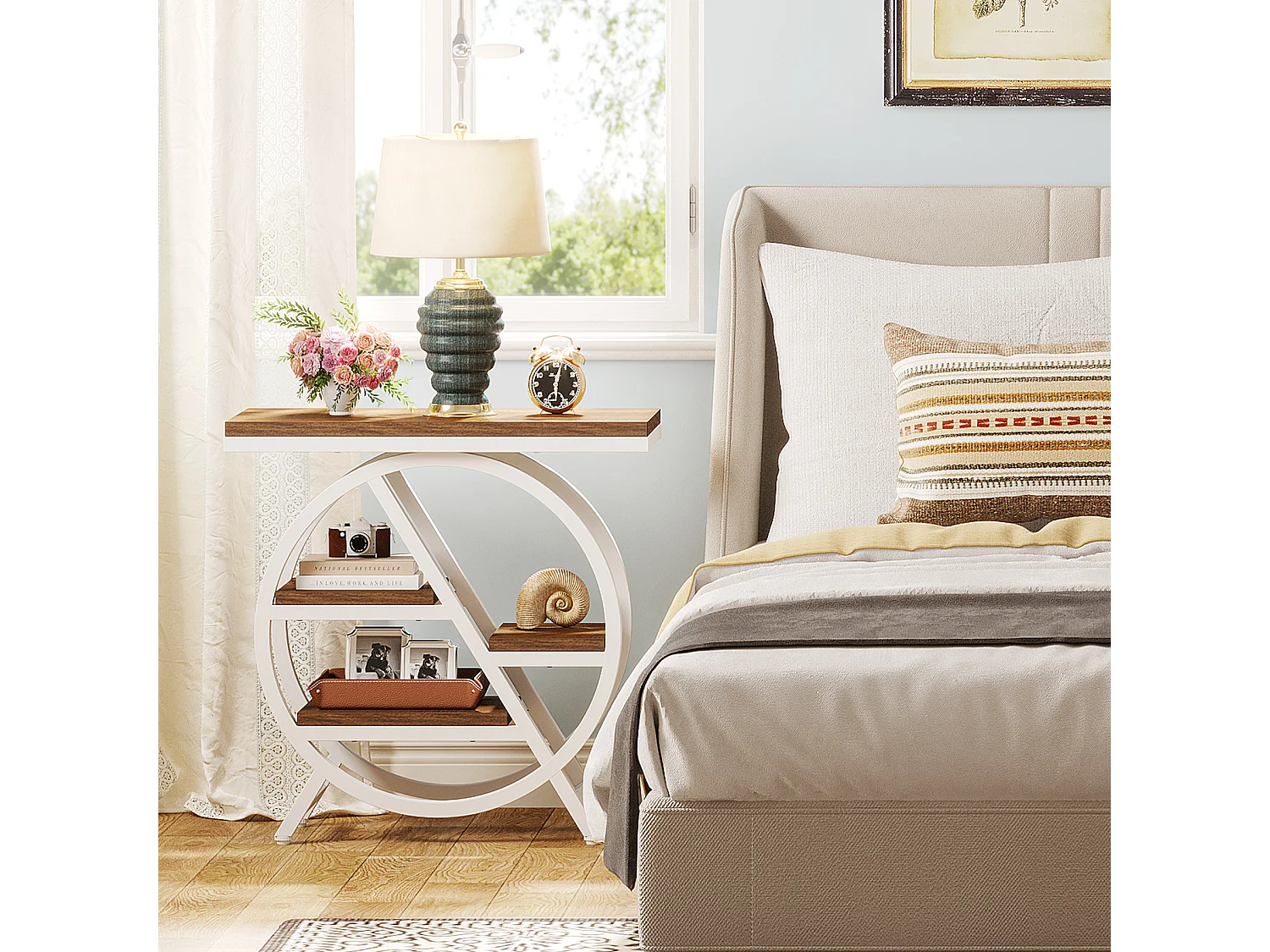 Table d'appoint pour salon, table d'appoint étroite à 3 niveaux avec rangement, marron clair et blanc