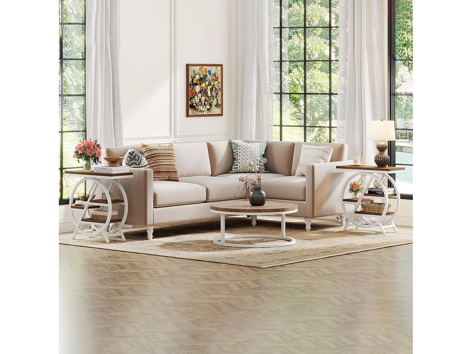 Table d'appoint pour salon, table d'appoint étroite à 3 niveaux avec rangement, marron clair et blanc